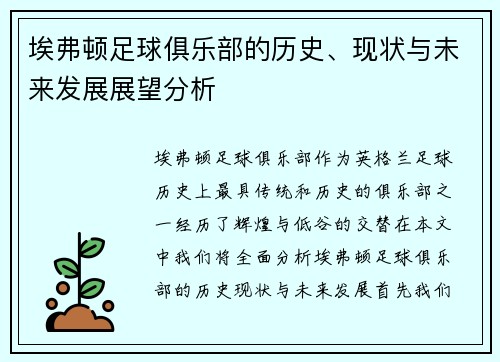 埃弗顿足球俱乐部的历史、现状与未来发展展望分析