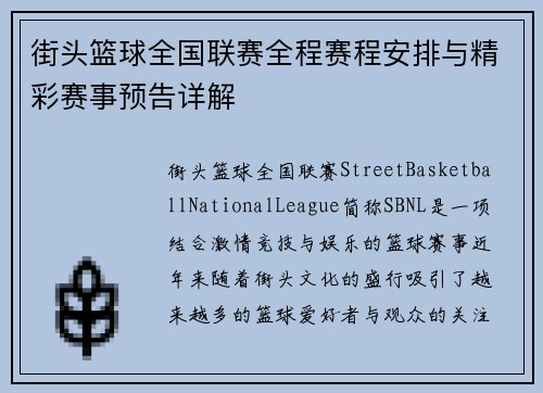 街头篮球全国联赛全程赛程安排与精彩赛事预告详解