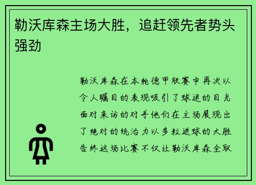 勒沃库森主场大胜，追赶领先者势头强劲